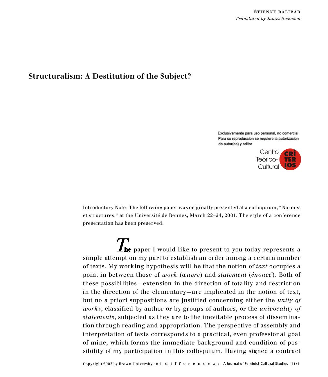 Structuralism: A Destitution of the Subject?